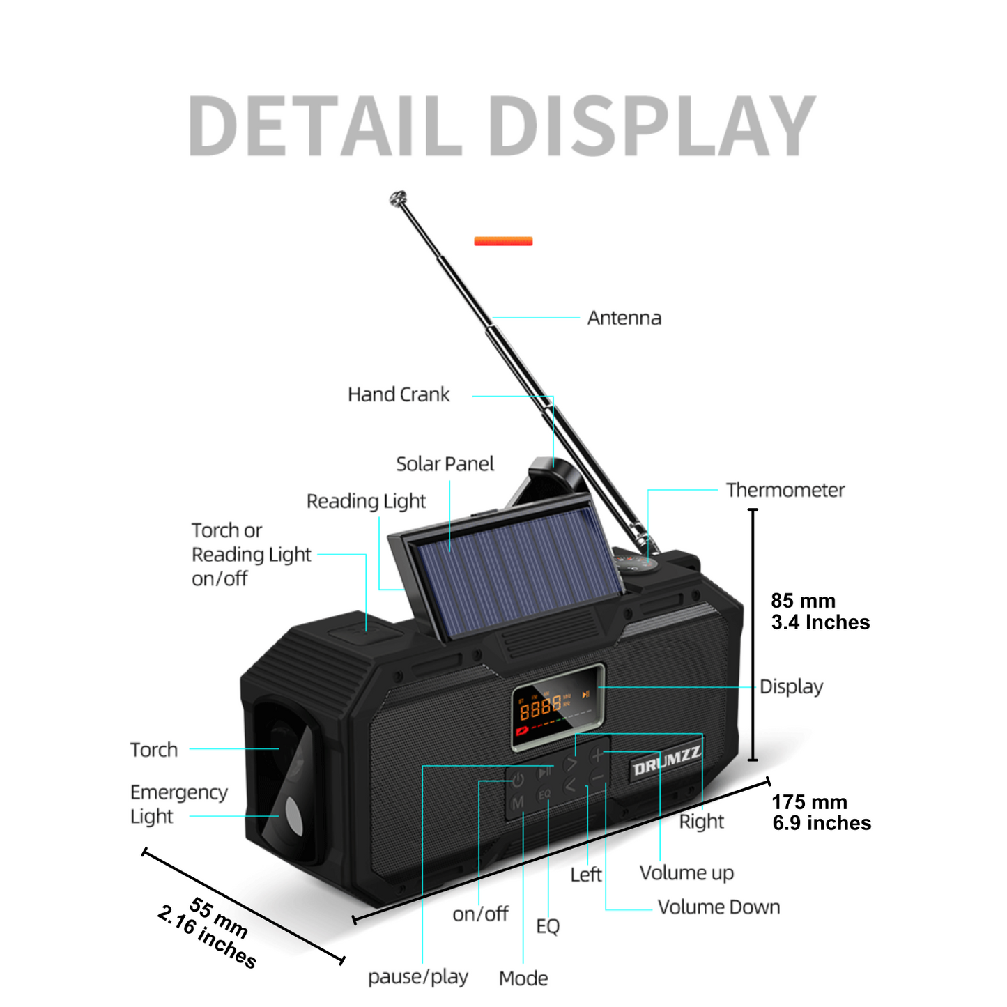 DRUMZZ Trek 600 - Multifunctional Hand Crank Radio Bluetooth Speaker