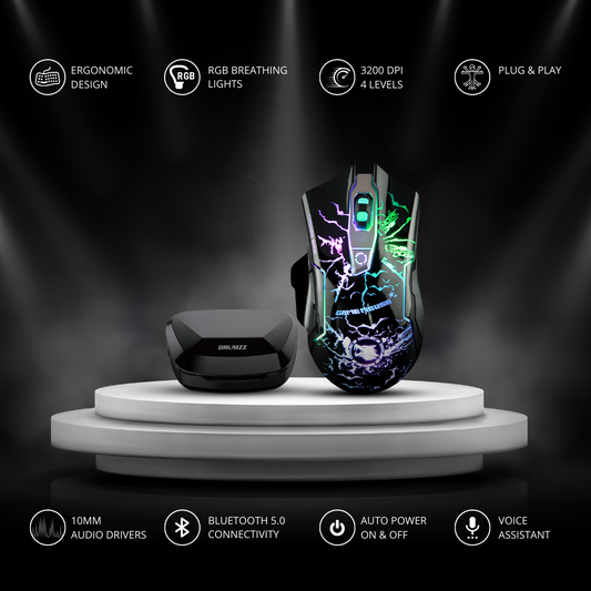 DRUMZZ BUZ TWS EARBUDS + COLORCLICK GAMING MOUSE WITH RGB LIGHTS