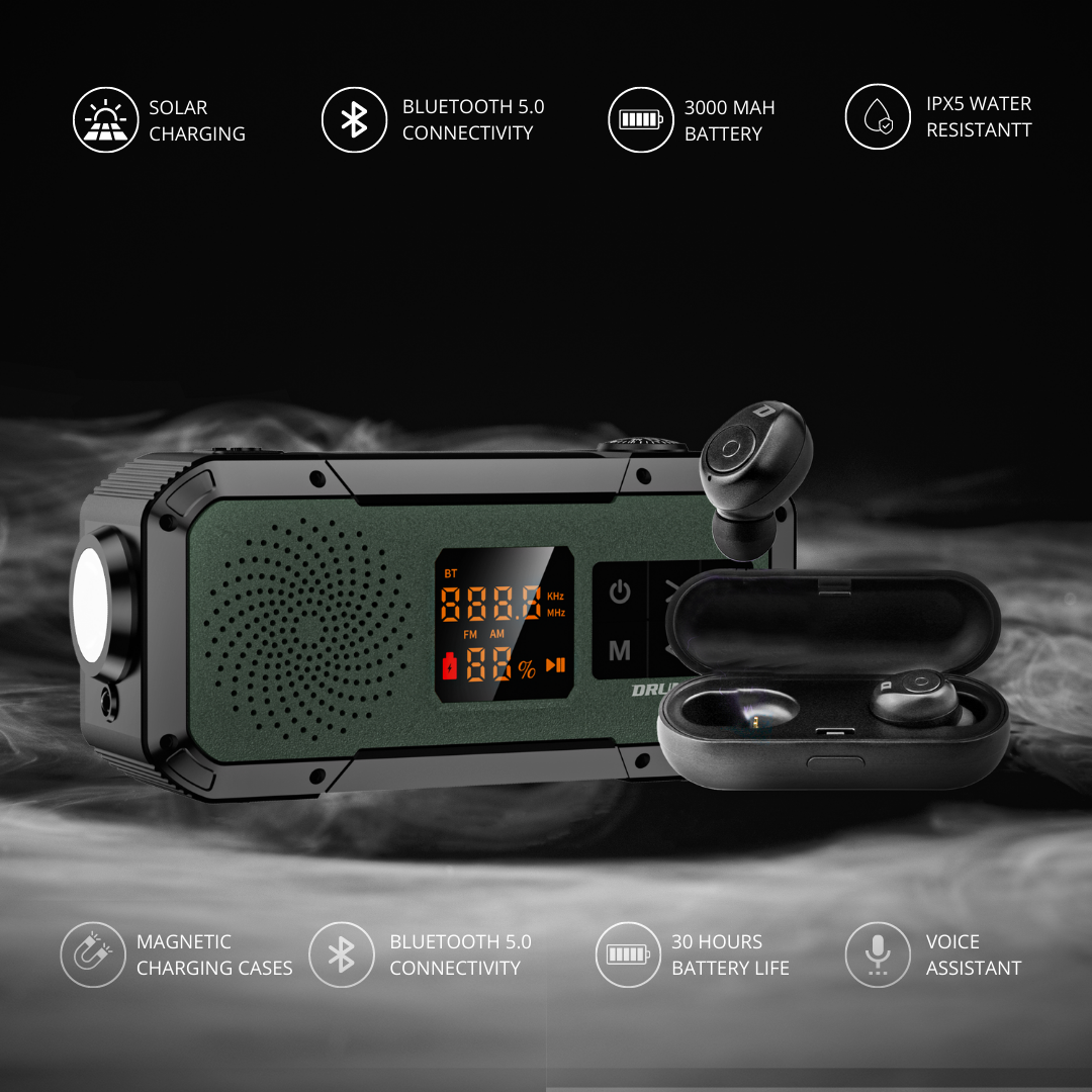 DRUMZZ TREK 200 - MULTIFUNCTIONAL HAND CRANK RADIO BLUETOOTH SPEAKER + BASSSTUDS EARBUDS