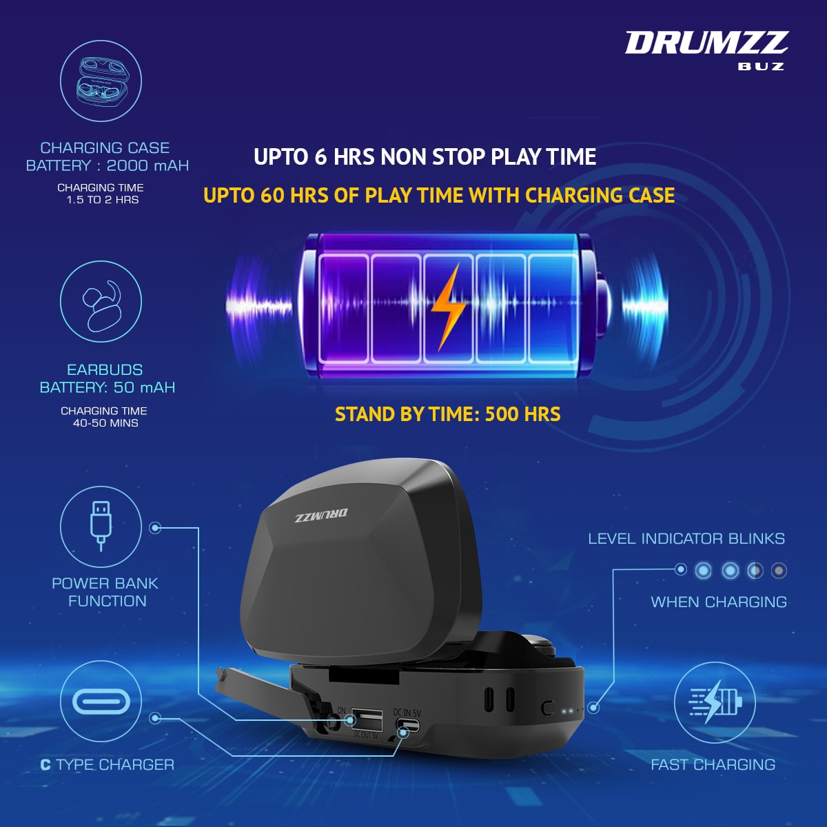 DRUMZZ BUZ TWS EARBUDS + COLORCLICK GAMING MOUSE WITH RGB LIGHTS