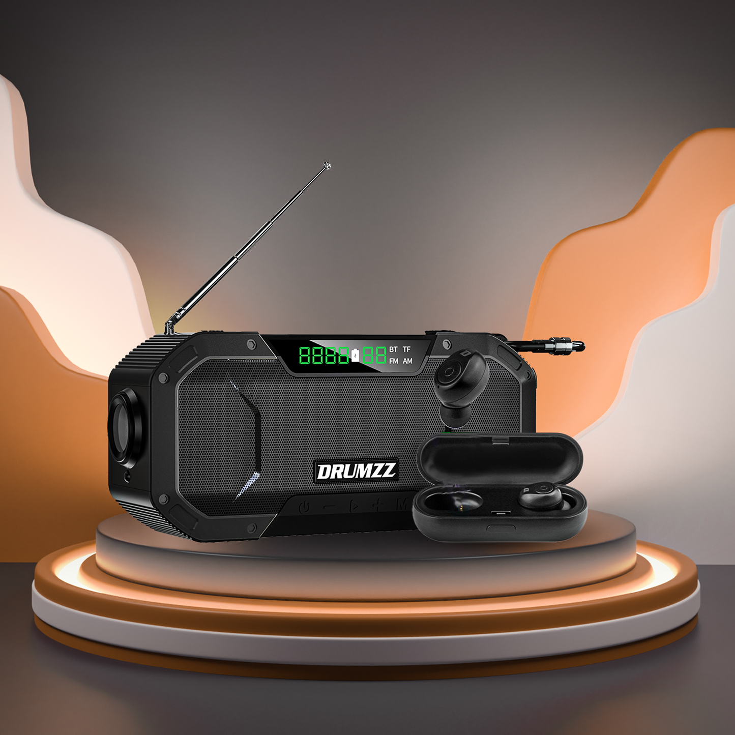 DRUMZZ TREK 400 - MULTIFUNCTIONAL HAND CRANK RADIO BLUETOOTH SPEAKER + BASSSTUDS EARBUDS