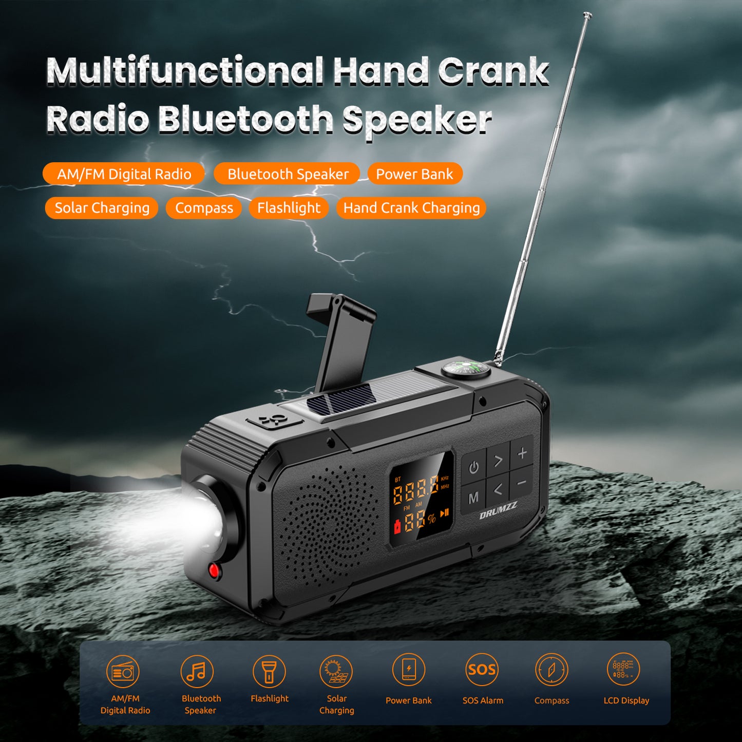 DRUMZZ Trek 200 - Multifunctional Hand Crank Radio Bluetooth Speaker