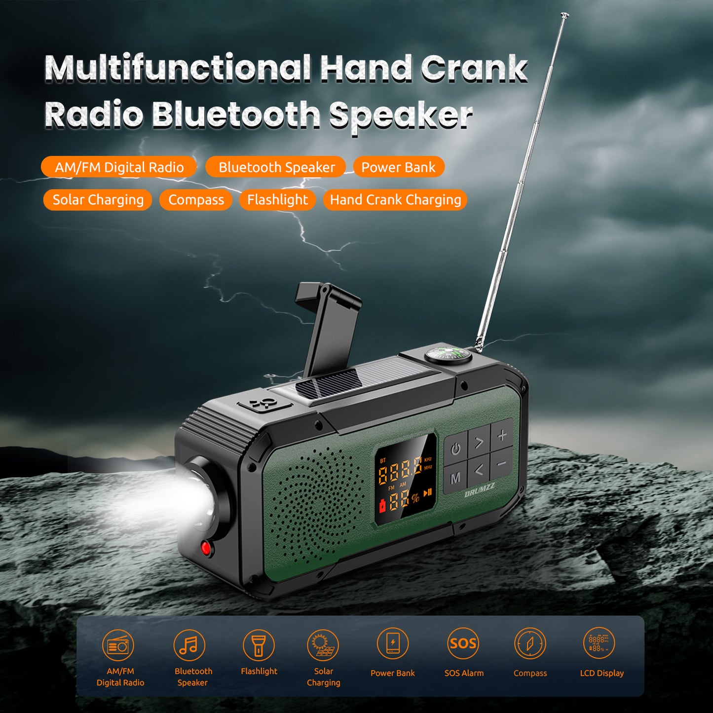DRUMZZ TREK 200 - MULTIFUNCTIONAL HAND CRANK RADIO BLUETOOTH SPEAKER + BASSSTUDS EARBUDS
